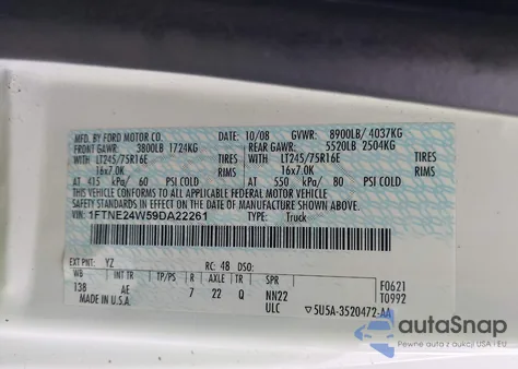 2009 Ford E-250 Commercial/Recreational из США, поврежденный, VIN 1FTNE24W59DA22261